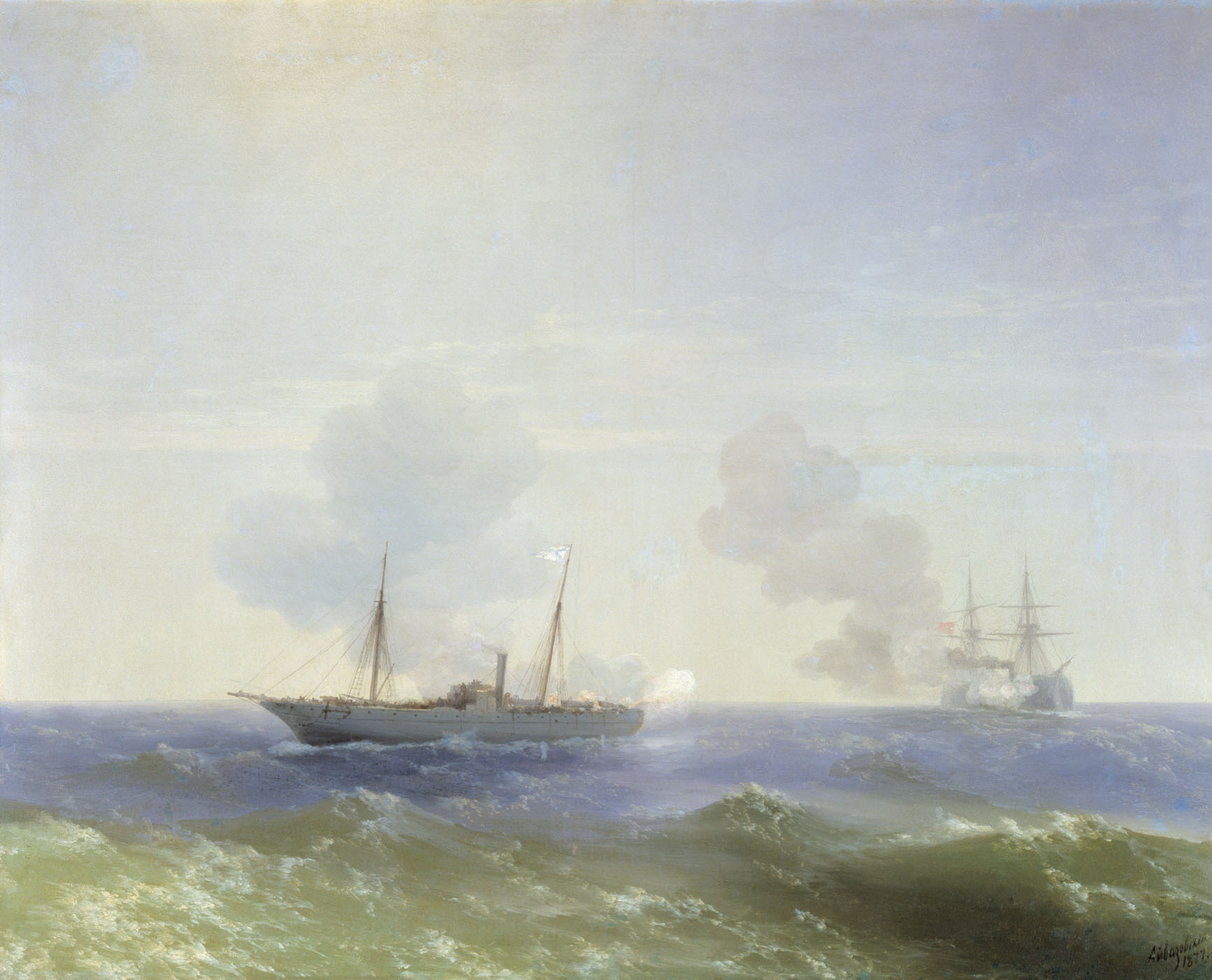 Imagem de referência de Luta do navio Vesta com o encouraçado turco Fehti-Bulend no Mar Negro em 11 de julho de 1877, descrito nos dados abertos como pintura de Ivan Konstantinovich Aivazovskii