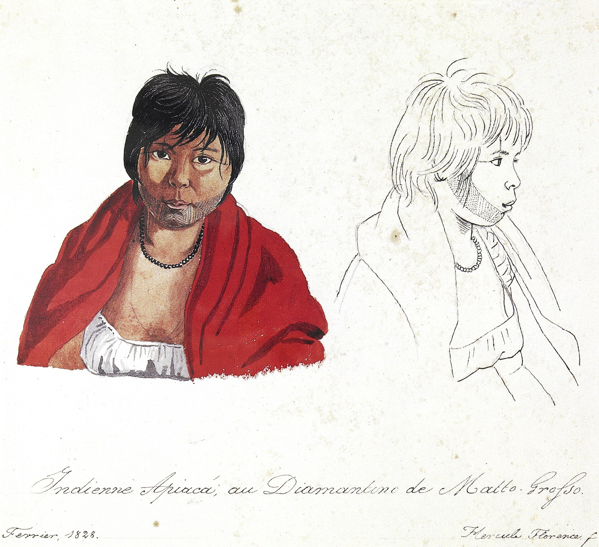 Imagem de referência de Indienne Apiacá, au Diamantino de Mato-Grosso. Fevrier, 1828. Hercule Florence, ft., descrito nos dados abertos como obra do acervo do Instituto Hercule Florence