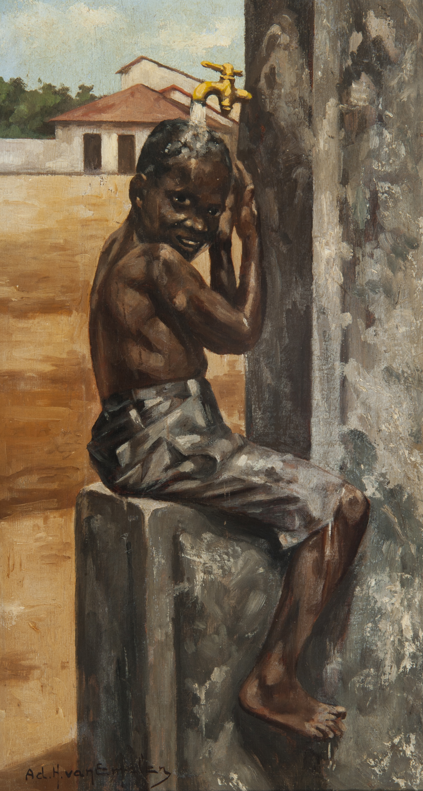 Imagem de referência de Negrinho sob uma torneira, descrito nos dados abertos como pintura de Adrian Henri Vital van Emelen