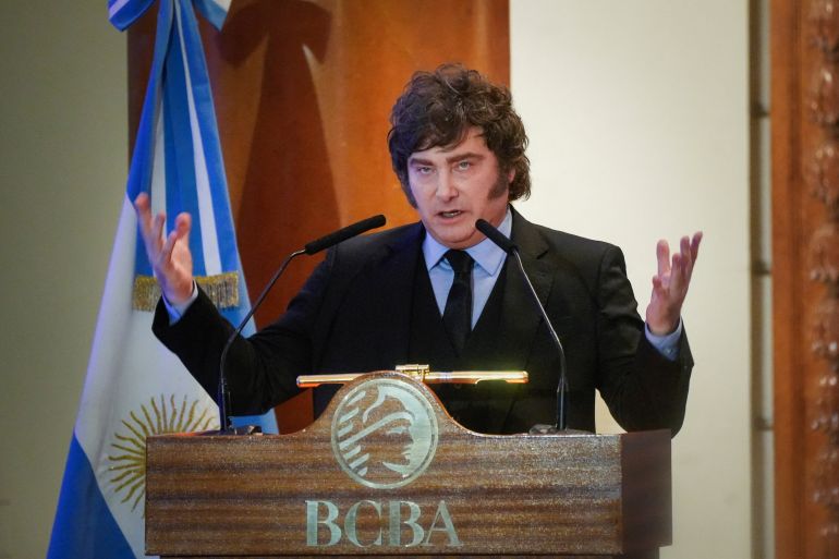Argentine President Javier Milei gestures as he speaks during a ceremony commemorating the 172nd anniversary of the Buenos Aires Stock Exchange in Buenos Aires, Argentina, July 16, 2026 [Mariana Nedelcu/Reuters]