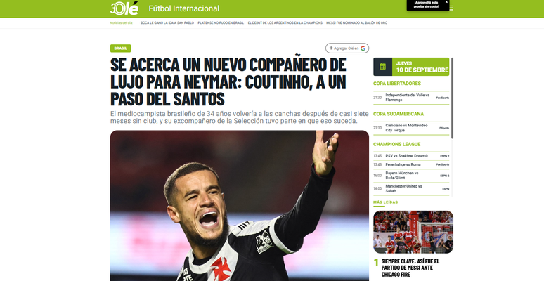 'Companheiro de luxo': imprensa internacional destaca possível acerto entre Coutinho e Santos