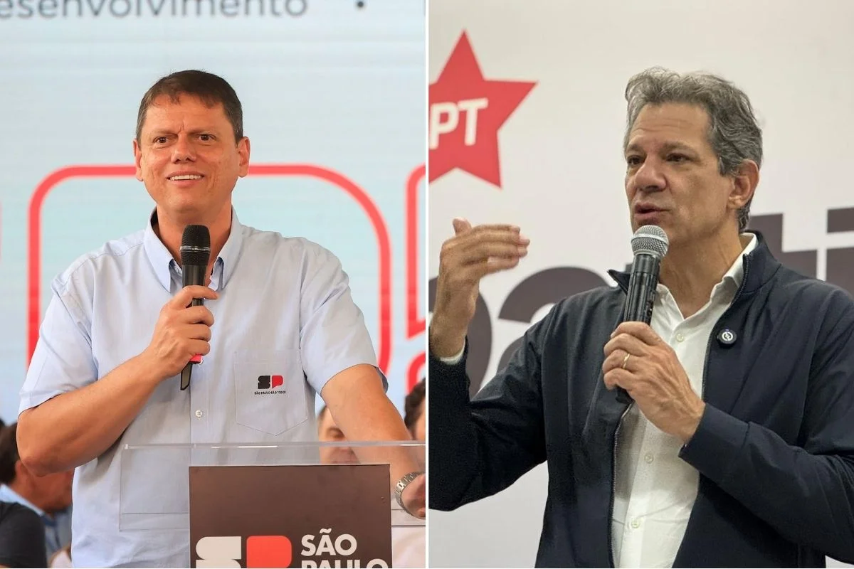 Imagem em cores mostra dois homens brancos. Tarcísio e Haddad - Metrópoles