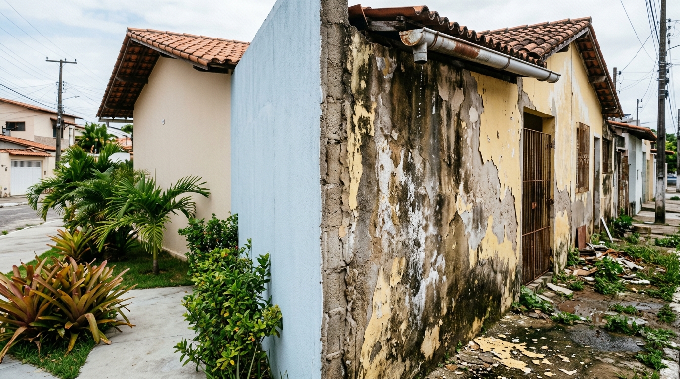 Pintor é chamado para cobrir mancha que voltou três vezes na parede do quarto, identifica infiltração vinda do imóvel ao lado e explica ao morador de quem é a responsabilidade pelo reparo na parede compartilhada
