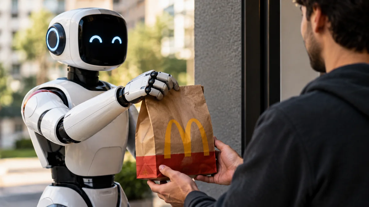 Robô entregando pacote do McDonald's para uma pessoa
