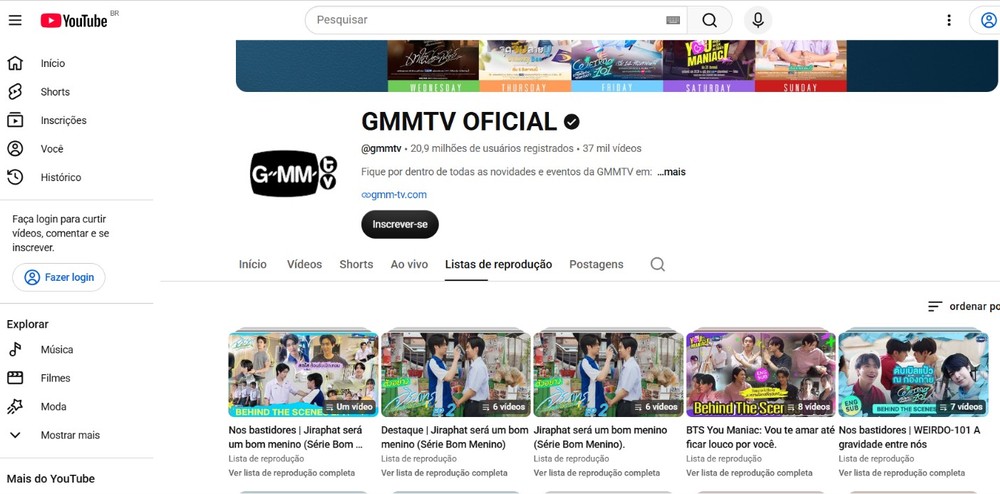 Canal GMMTV no YouTube traz episódios de séries BL gratuitamente para o público — Foto: Reprodução/Thaisi Carvalho